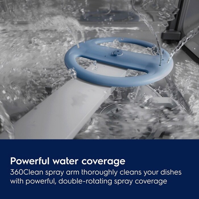 Powerful, water coverage. 360Clean spray arm thoroughly cleans your dishes with powerful, double-rotating spray coverage.