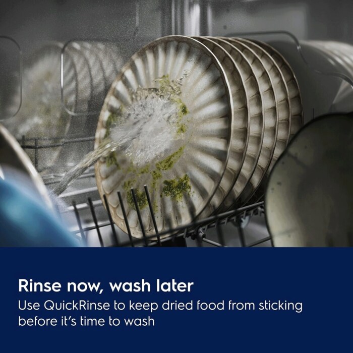 Rinse now, wash later. Use QuickRinse to keep dried food from sticking before it's time to wash.